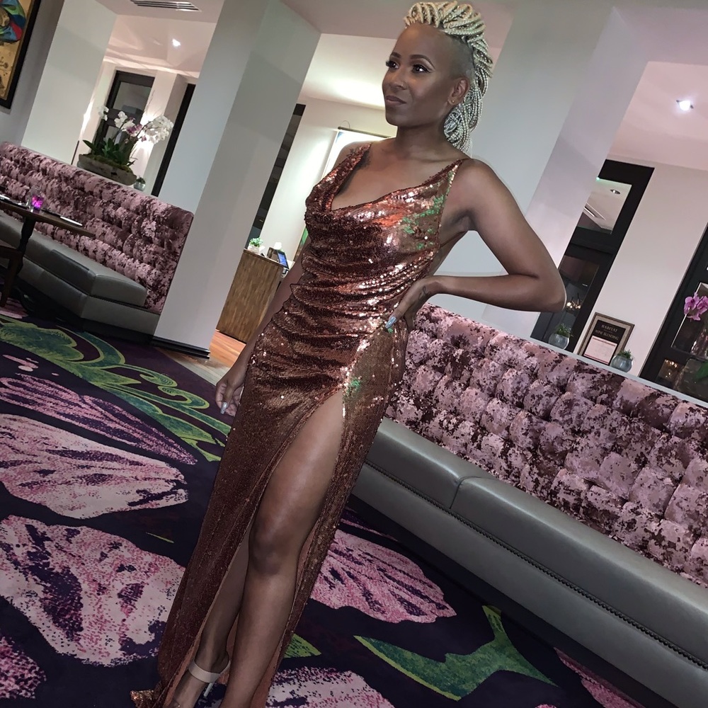 Bronze sequin floor length backless gown